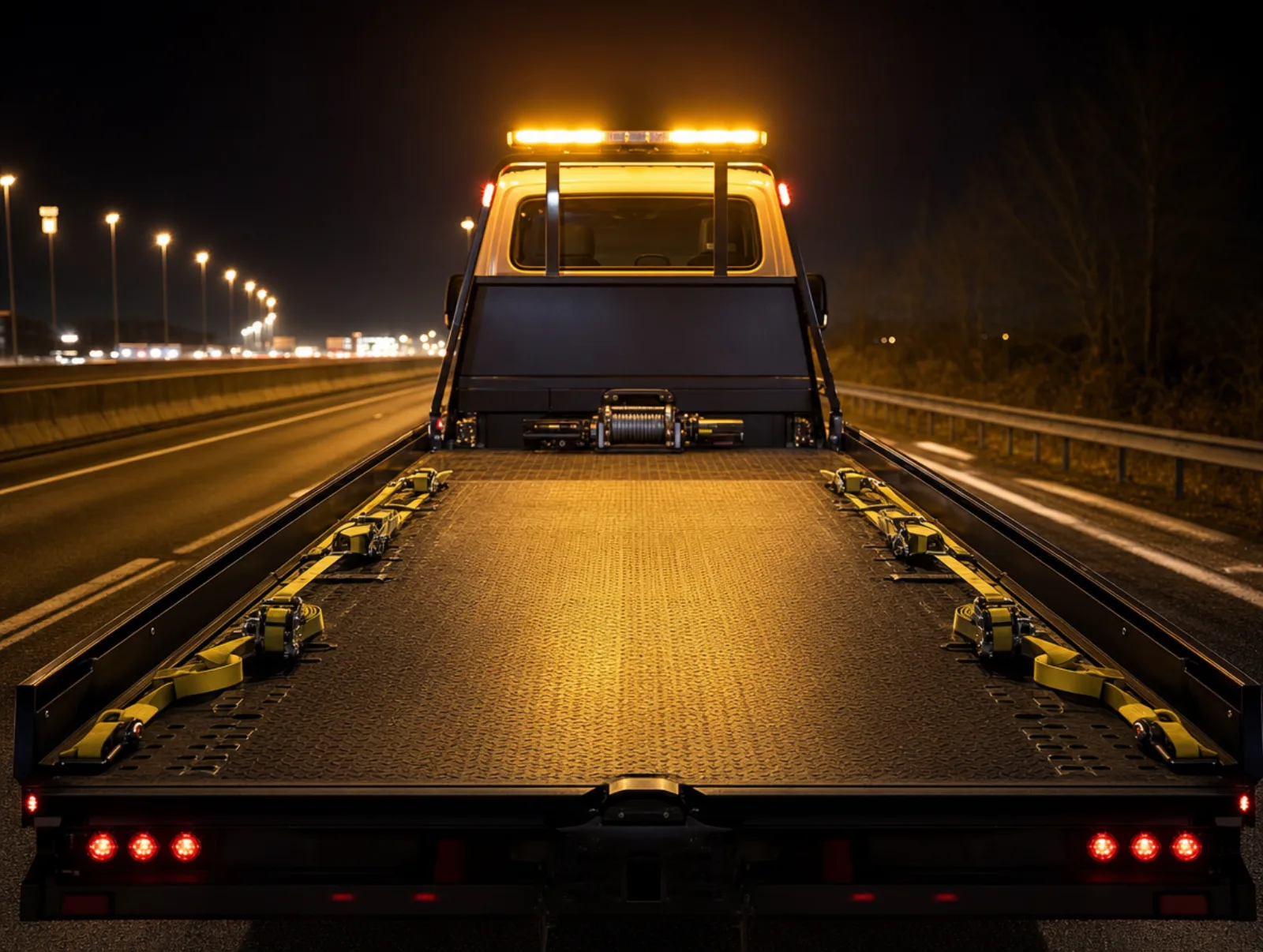 Clean flatbed truck bed with organized tie-down straps