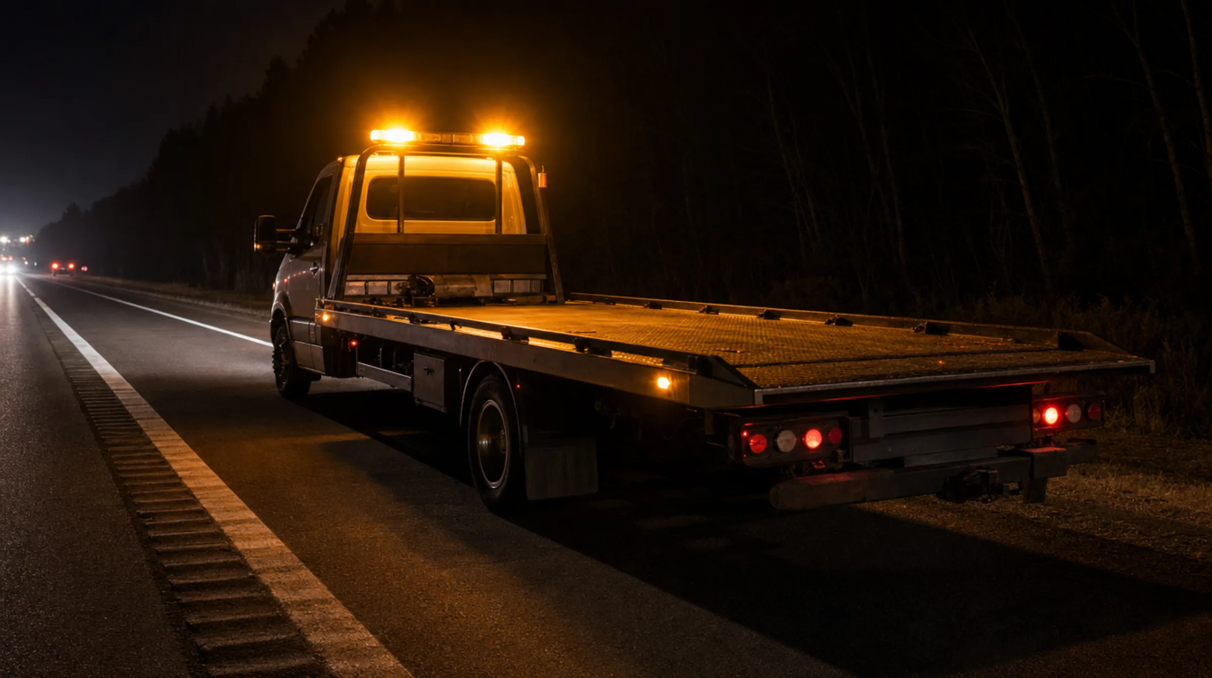 Unbranded flatbed tow truck on a dark highway shoulder with amber beacon light